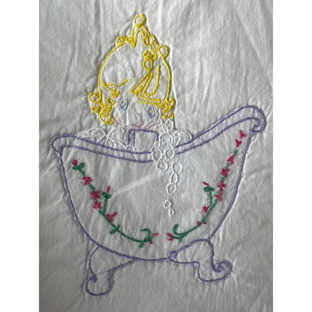 Vintage Hand Embroidered Child’s Quilt – Blue & White Precious Moments Style